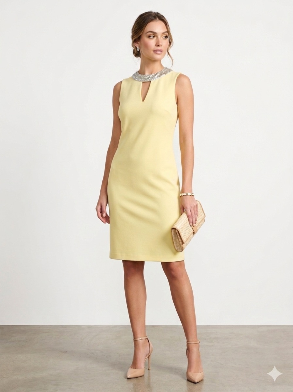 Nine West Yellow Sleeveless Sheath Dress Beaded Collar Size 8